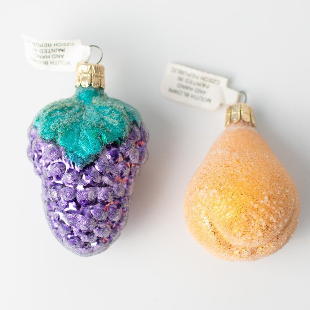 Vintage Czech Glass Fruit Mouth Blown Hand Painted Ornaments Pier 1 Lot of 2